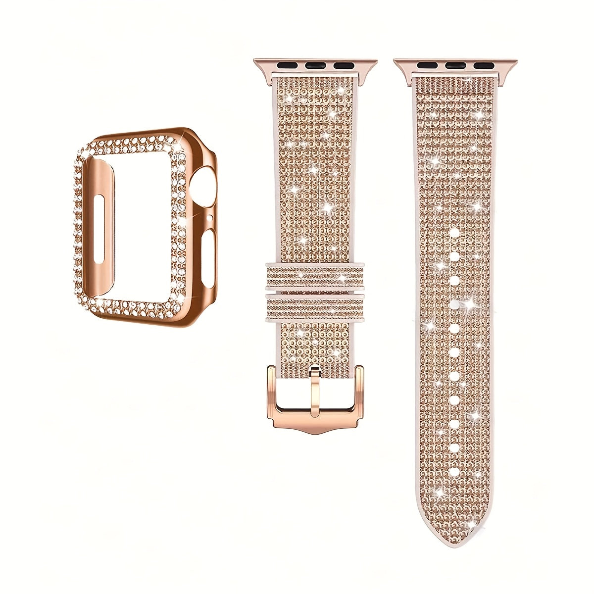 Apple Watch Band with Case Crystal Rhinestone Bling, Chameleon Color-Shift Strap + Shockproof Hard PC Cover, Compatible with Apple Watch Series 1-9 SE Ultra 38mm to 49mm S10 – Rose Gold Black Silver Women