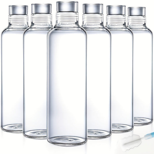 Borosilicate Glass Water Bottles, 18 oz, Set of 6 with Lids, Sleeves & Cleaning Brush