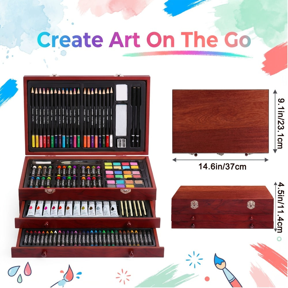 172 Piece Deluxe Art Set in Wooden Case with 2 Drawing Pads Crayons Acrylic Paints Colored Pencils Professional Art Kit Gift Box for Artists Beginners Ages 8+ Birthday Christmas