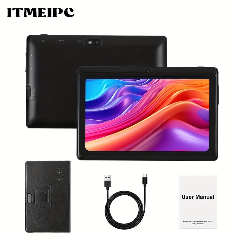 USB-C Android 14 Tablet 7 Inch with Built-in Protective Case, 4GB RAM 32GB ROM Expandable Quad-Core HD IPS Display, Dual Camera WiFi, Compact Stylish Portable Tablet for Students Teens Adults – Blue Yellow Black Pink