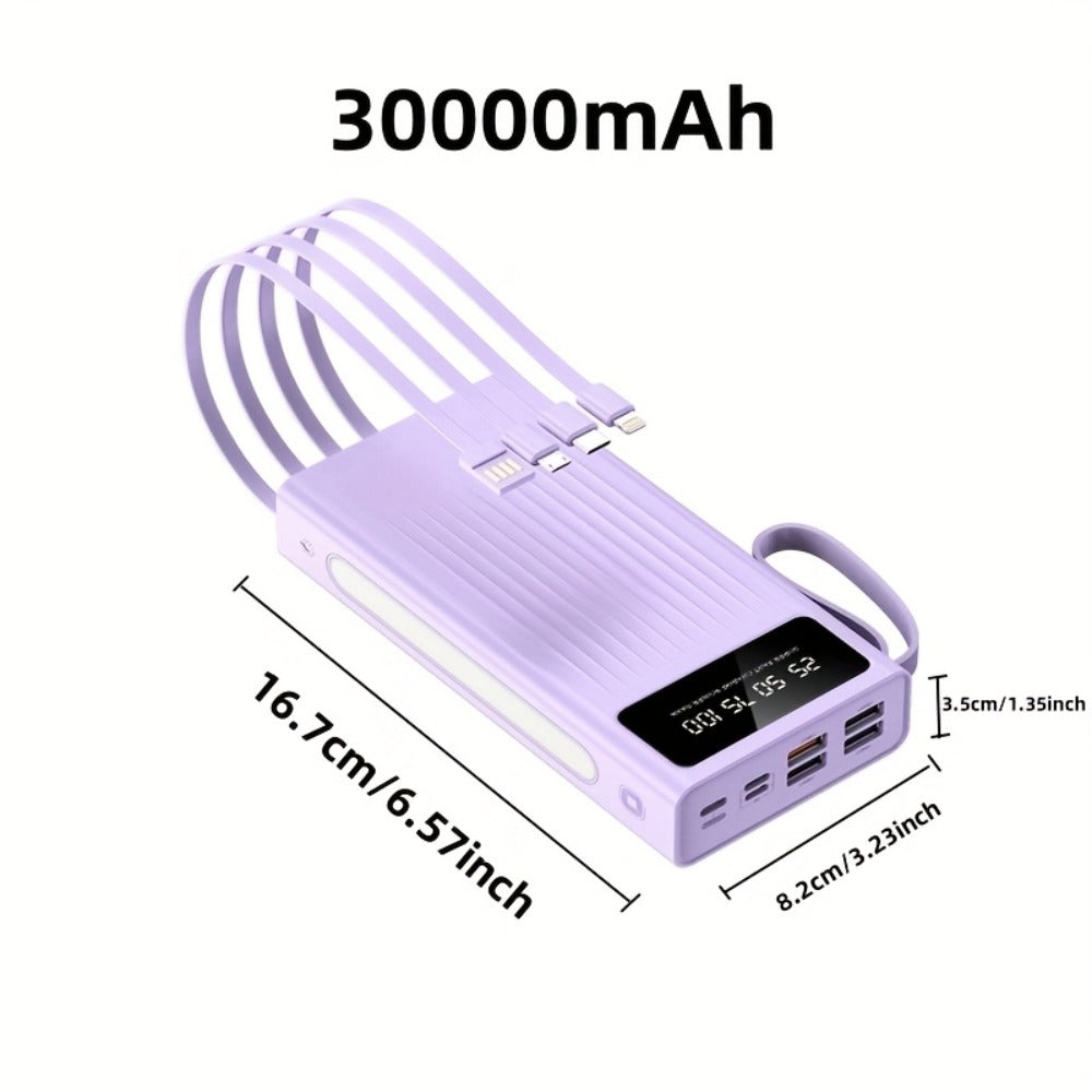 30000mAh Large Capacity Power Bank 15W Fast Charging with 4 Built-In Cables & 4-Mode Camping Light, Business Minimalist Portable Charger 10000mAh 20000mAh Compatible with iPhone Android – Black Purple White