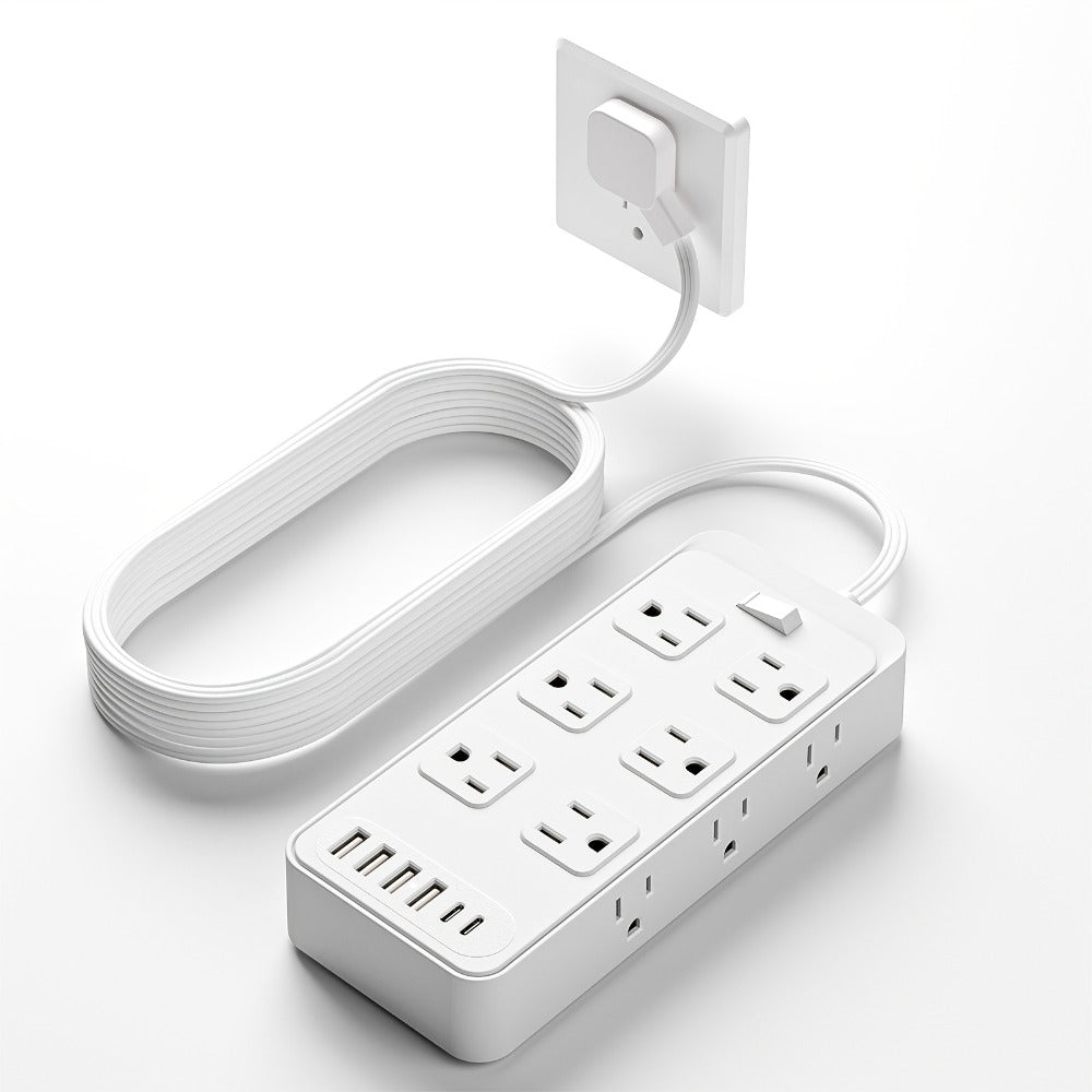 Flat Plug Power Strip 18-in-1 Fire-Resistant Surge Protector with 12 AC Outlets & 6 USB Ports (4 USB-A & 2 USB-C), 5ft Extension Cord, Charging Station for Home, Office & Travel