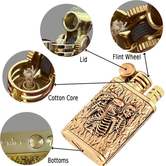Kerosene Lighter, 2-in-1 Permanent Match with Flint Wheel, Refillable Golden Finish