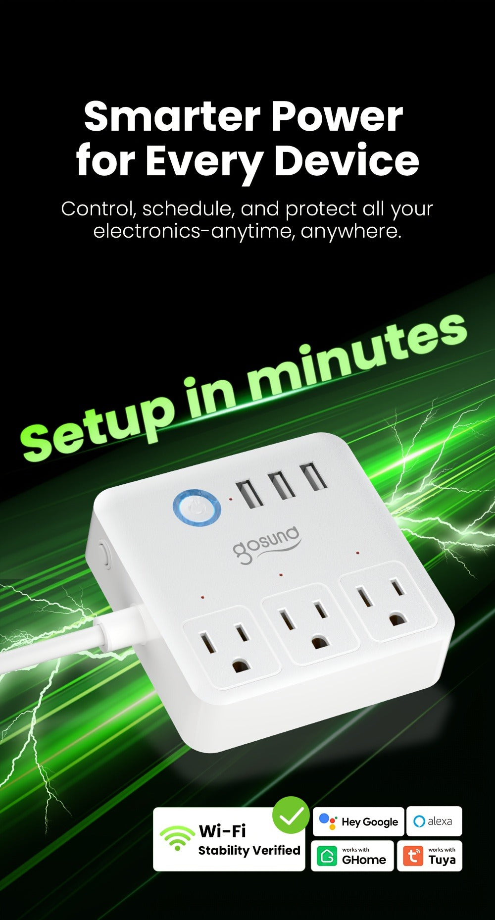 Smart Power Strip WiFi with 3 Individually Controlled Outlets & 3 USB Ports – GHome Surge Protector, Works with Alexa & Google Home, Tuya App, Timer, No Hub, 4ft Cord, 2.4GHz, US Plug (White)