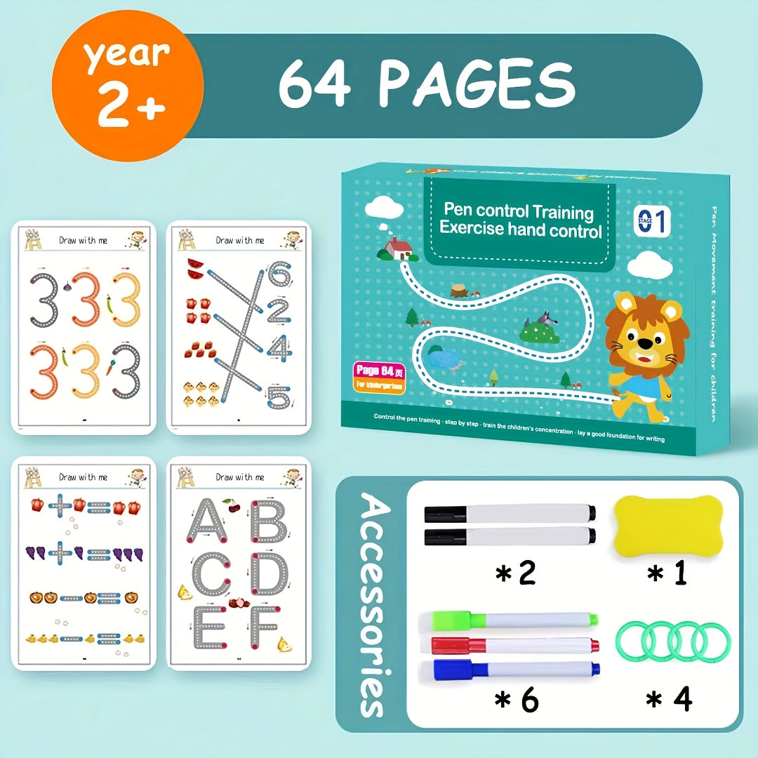 Wipe Clean Tracing Workbook for Kids — 64-Page Reusable Magic Exercise Book with 8 Color Pens & Eraser, Pen Control Writing Practice for Preschool Kindergarten Ages 3+, Back to School Gift