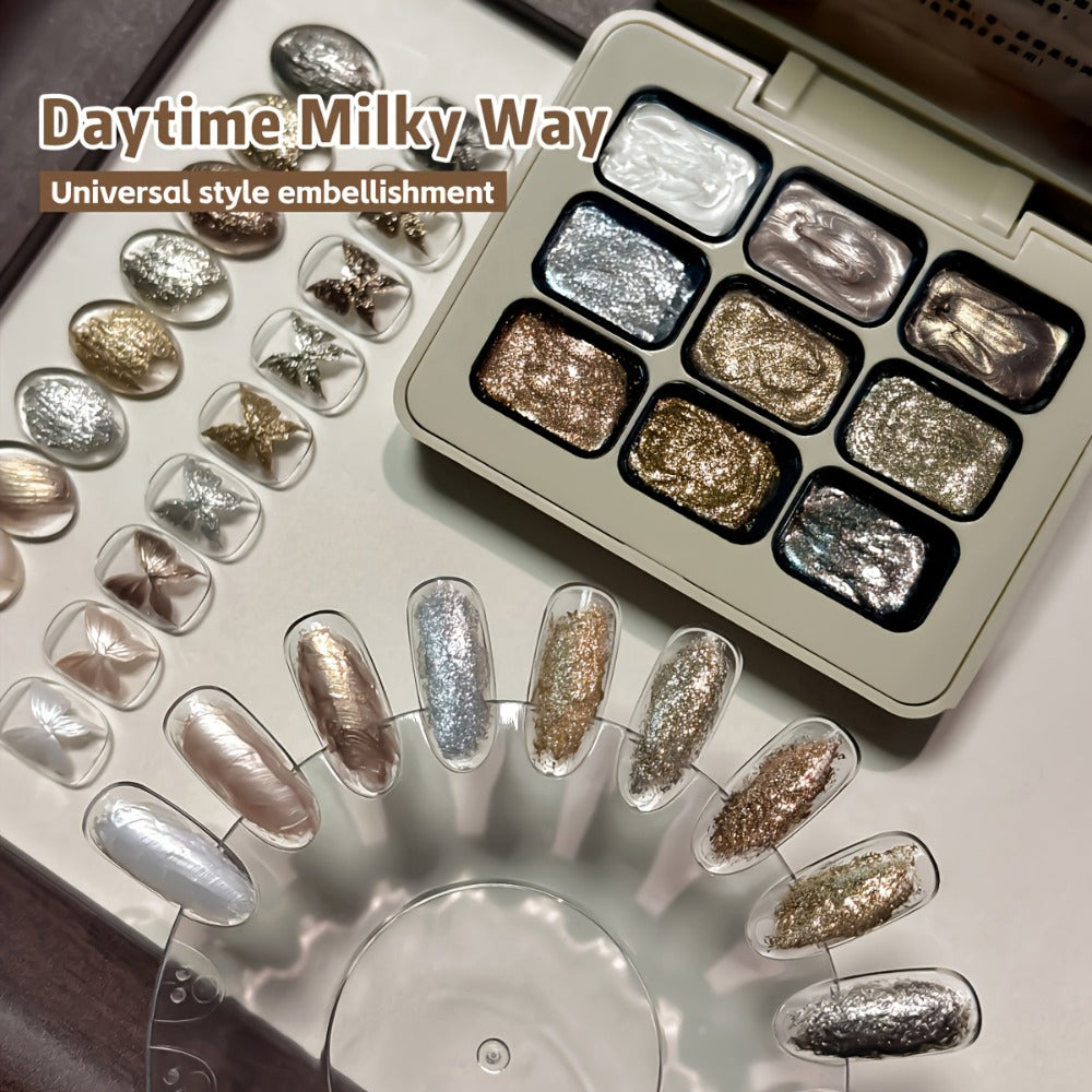Fairy Powder Nail Art Gel Set 9 Colors Galaxy Milky Way – Nine-Grid Special Effect Shimmer Gel Polish Alcohol Free UV LED Soak Off, Long Lasting Glitter Nail Gel for Salon & DIY Home Women