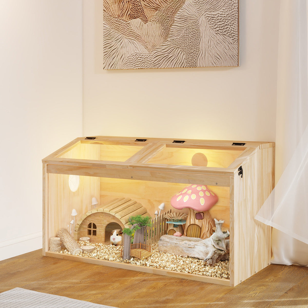 Large Hamster Cage Wooden Enclosure – 32"L x 16"W x 16"H with Acrylic Window & Openable Top | Small Animal Habitat for Guinea Pig, Chinchilla & Gerbil | Clear Visibility, Ventilated, Easy Clean