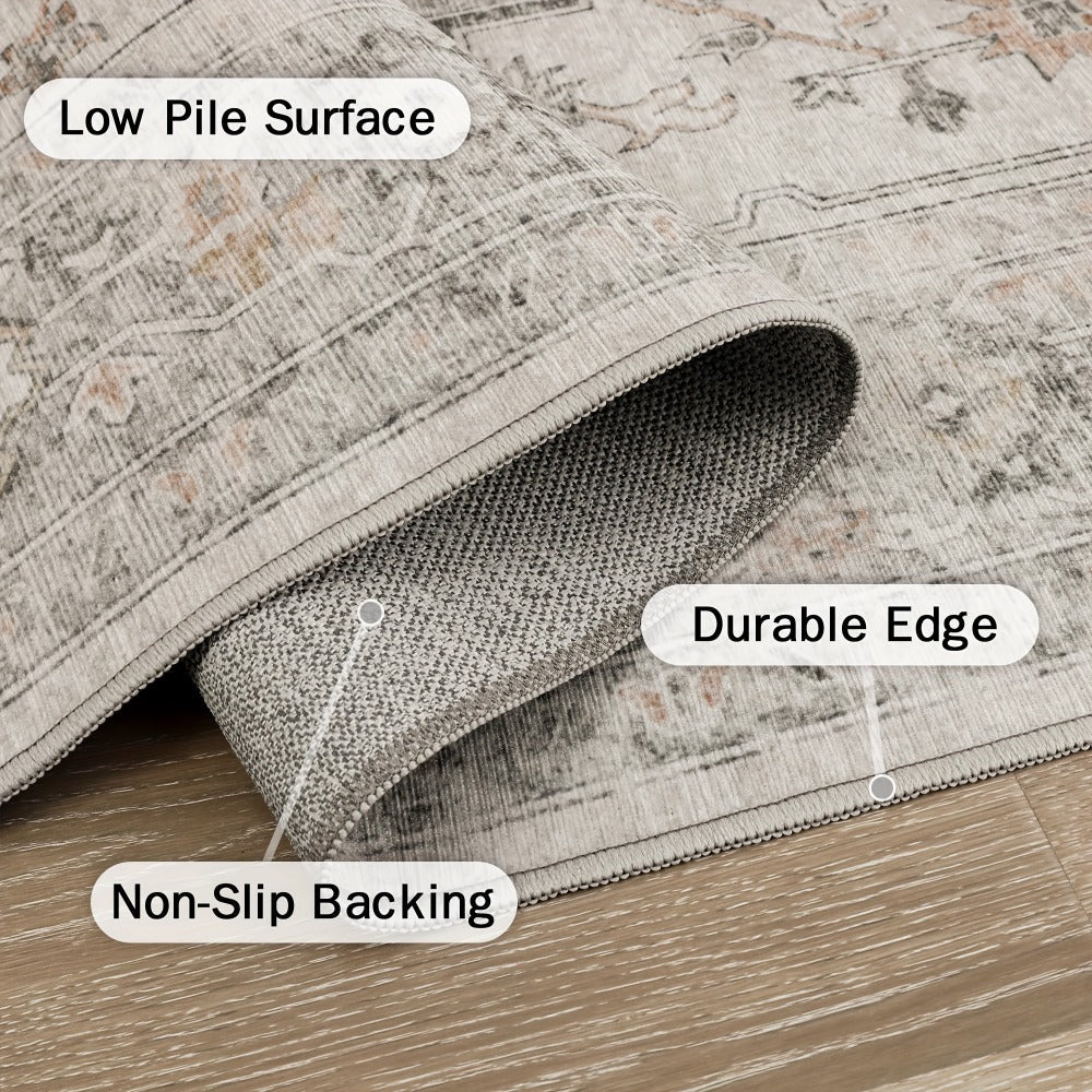 Vintage Chenille Area Rug Non-Slip Machine Washable – Retro Print Lightweight Carpet for Living Room, Bedroom, Dining Area & Home Office – Light Taupe Brown, 8 Sizes