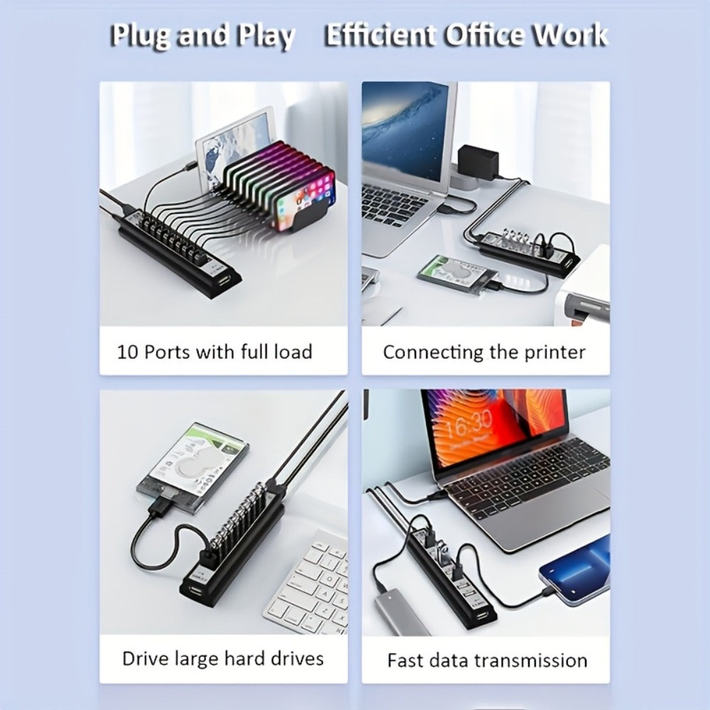 10-Port USB-A Hub with High-Speed Charging & Data Transfer – Plug and Play USB Splitter for MacBook, PC, Laptop, Desktop | 10 Device Simultaneous Connection