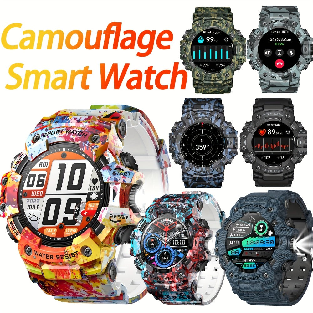 Tactical Smartwatch for Men, LED Flashlight & SOS Emergency, 1.32" TFT Screen, Bluetooth Calling, 100+ Sport Modes, Heart Rate SpO2 Sleep Tracker, Camouflage & Matte Colors – iPhone & Android Compatible