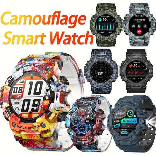 Tactical Smartwatch for Men, LED Flashlight & SOS Emergency, 1.32" TFT Screen, Bluetooth Calling, 100+ Sport Modes, Heart Rate SpO2 Sleep Tracker, Camouflage & Matte Colors – iPhone & Android Compatible