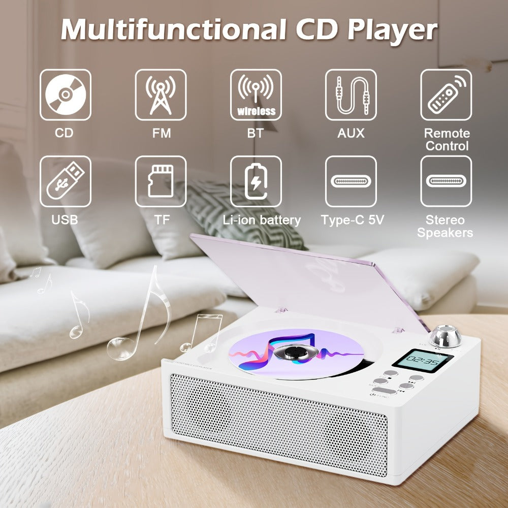 CD Player with Bluetooth Receiver FM Radio Dual Stereo Speakers, USB Player AUX Input Type-C Charging LED Display Remote Control, Multifunctional Home CD Music Player with Earphone Jack