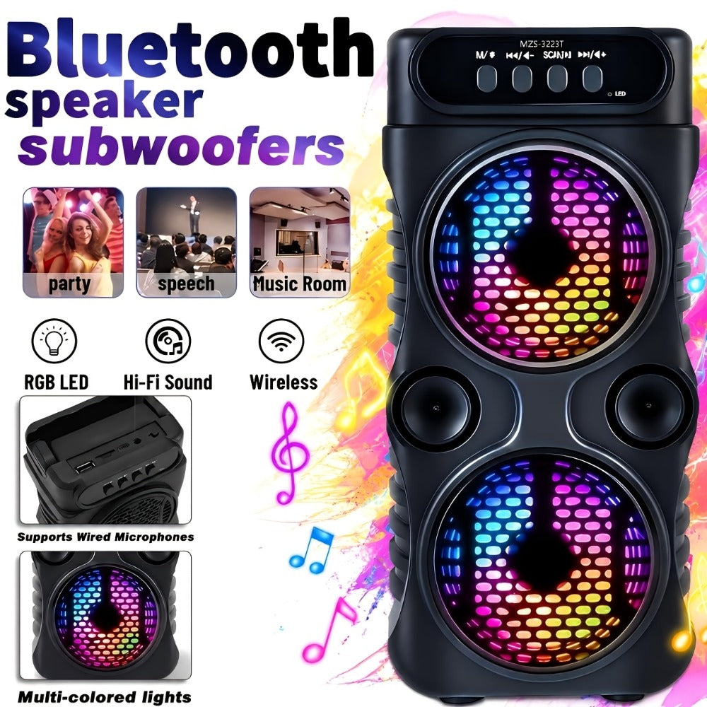 Dual 3-Inch Wireless Bluetooth Speaker with Colorful LED Lights, USB TF Card FM AUX Multi-Input, Long Playtime, Compact Party Speaker for Desktop Gaming Disco Outdoor Concerts Christmas Gifts