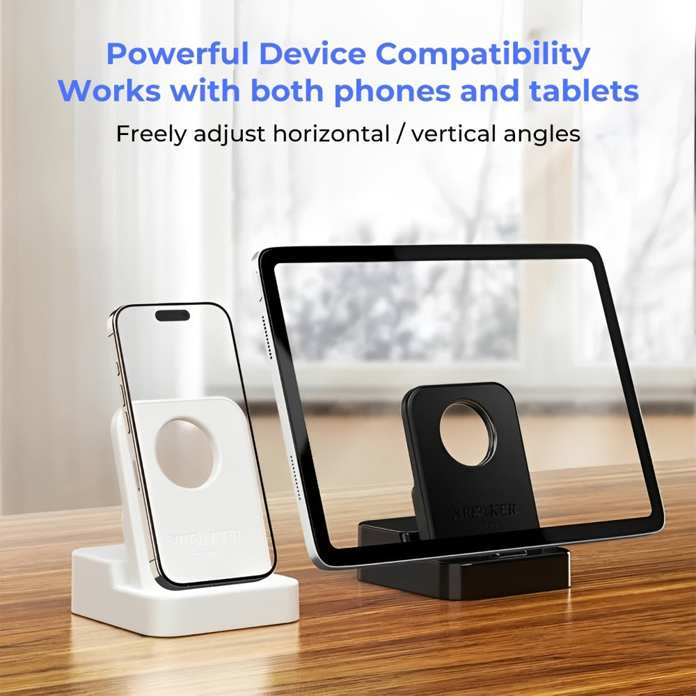 Magnetic Wireless Speaker Stand with Emergency Charging – 360° Adjustable Foldable Phone Holder, Portable Bluetooth Speaker, Compatible with iPhone & Android, for Home, Travel & Office
