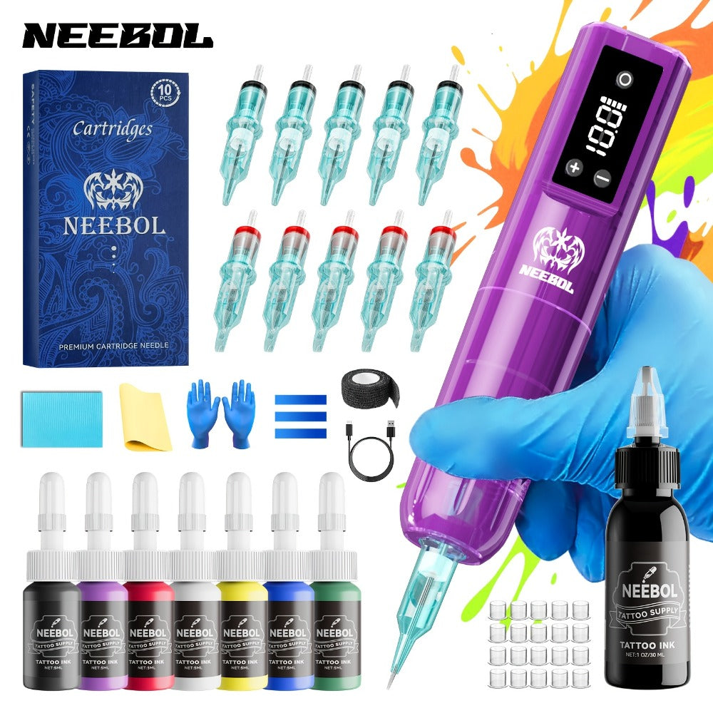 Wireless Tattoo Gun Kit – Neebol Cordless Rotary Tattoo Machine with 2000mAh Battery, 10 Cartridge Needles, 7 Inks, Green Soap & Tattoo Supplies – Portable Beginner & Artist Set