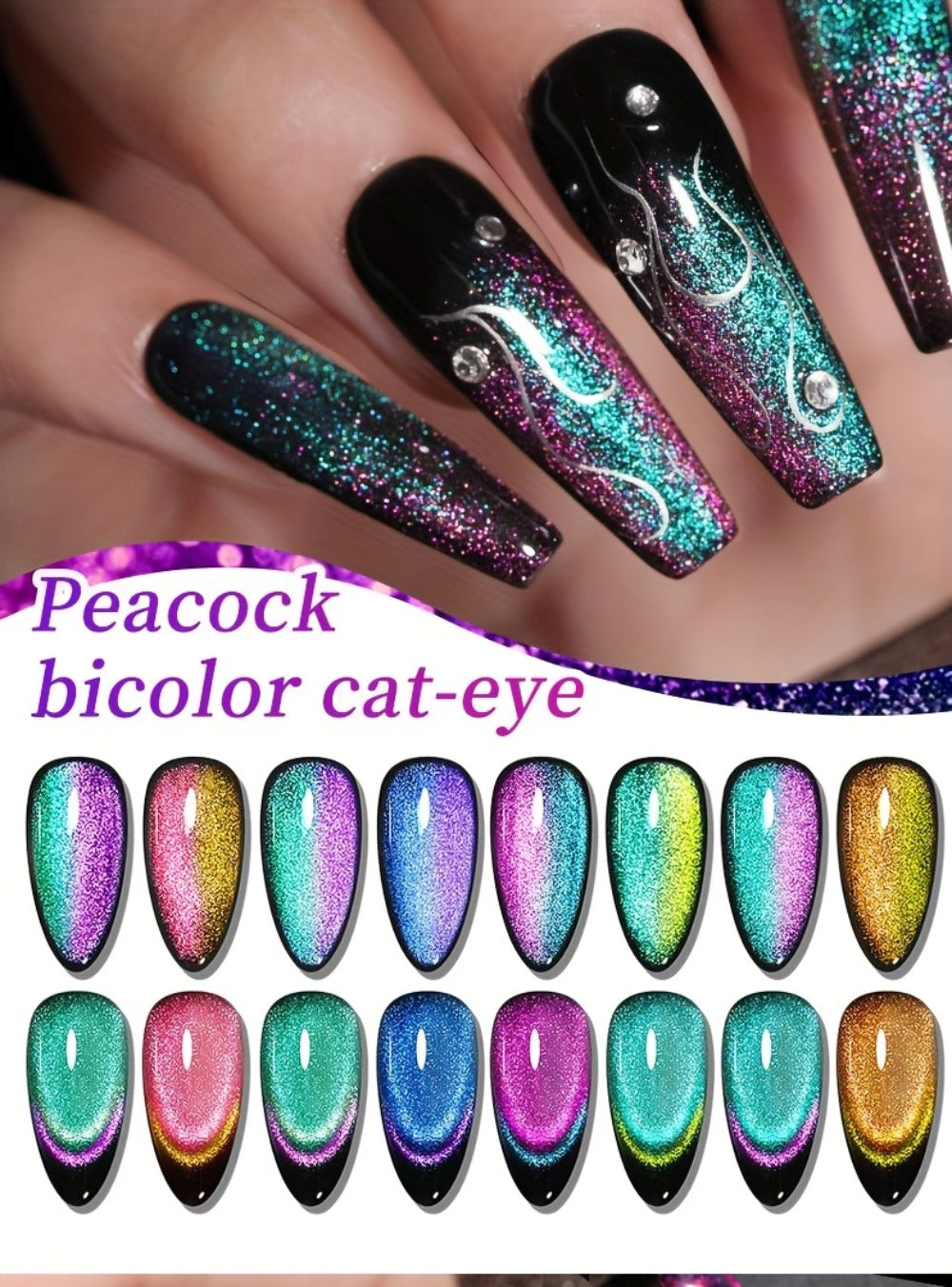 Magnetic Cat Eye Gel Nail Polish Set 8 Colors – Holographic Reflective Peacock Double-Light Effect, LED/UV Soak-Off Gel 0.51oz with Magnet Tool, Salon & Home Nail Art Gift Set for Women