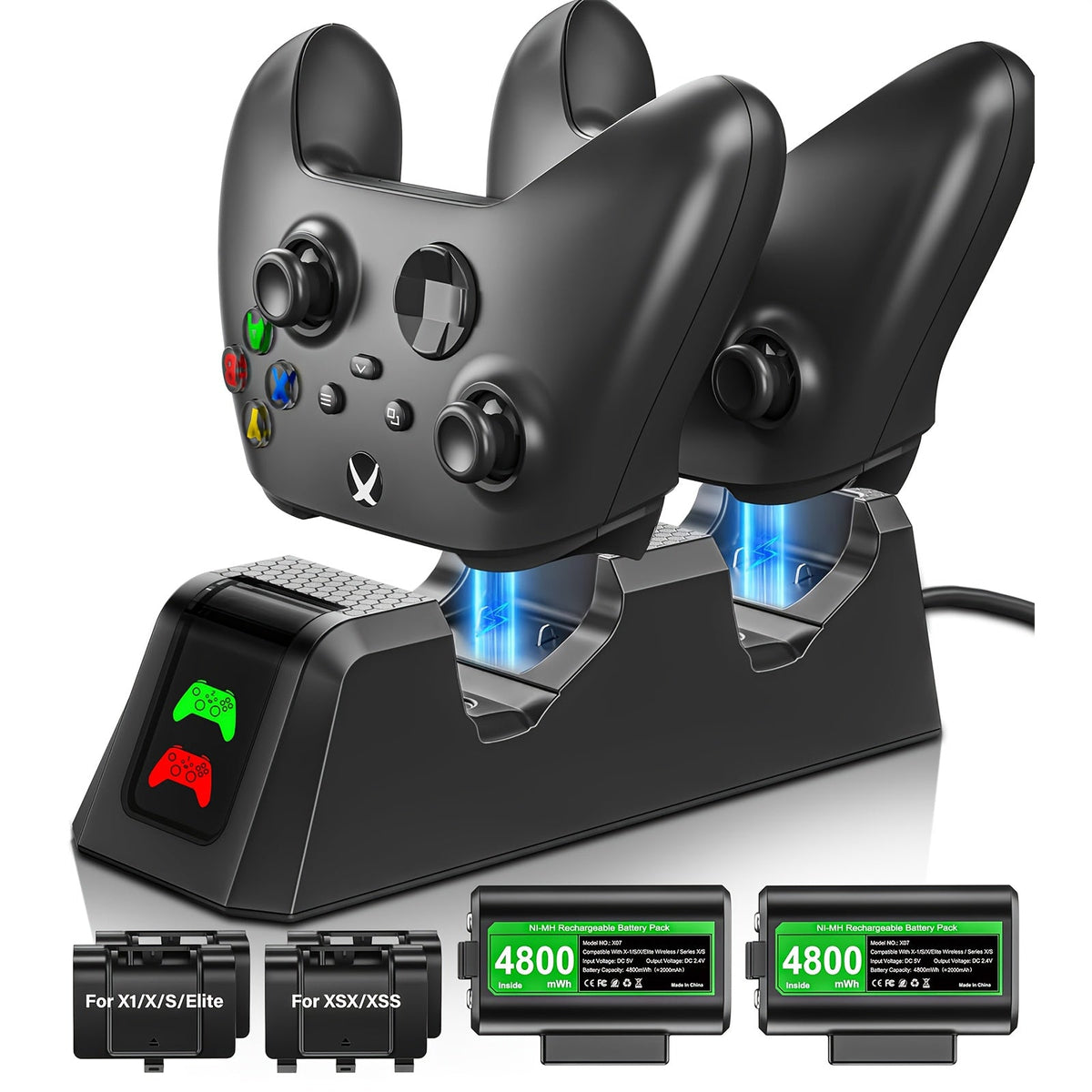 Xbox Controller Charging Station with 2-Pack 4800mWh Rechargeable Batteries & 4 Battery Covers for Xbox Series X|S, Xbox One S/X/Elite – Dual Charging Dock for Xbox Controllers