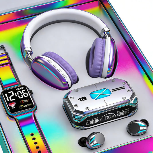 3-Piece Wireless Audio Gift Set Over-Ear Bluetooth Headphones Wireless In-Ear Earbuds Minimalist Watch Ultra-Long Battery iOS Android Back to School Father's Day Gift