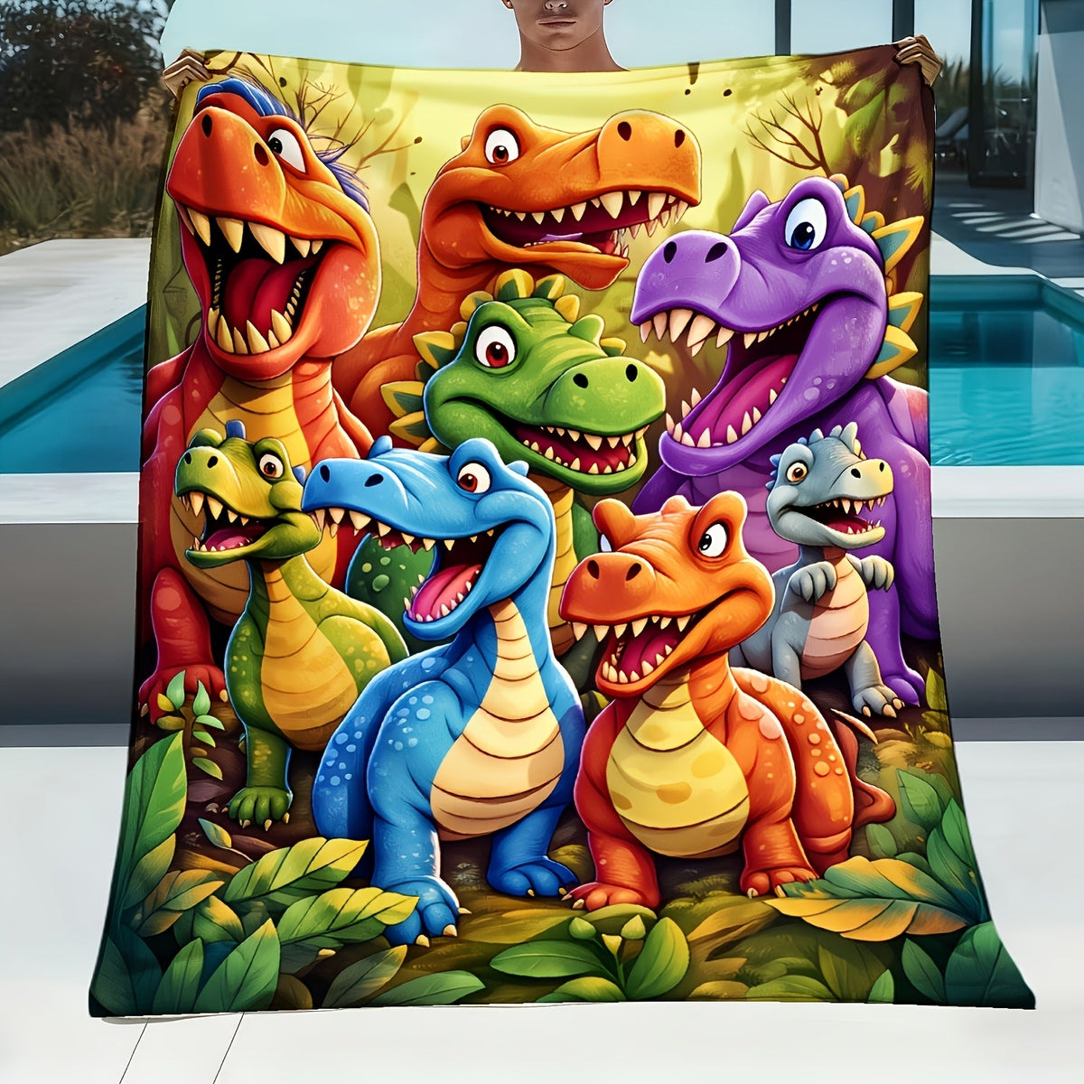 Dinosaur Print Flannel Throw Blanket – 250-300gsm Soft Lightweight Cartoon Dino Blanket for Kids, Couch, Bed & Travel, 5 Sizes