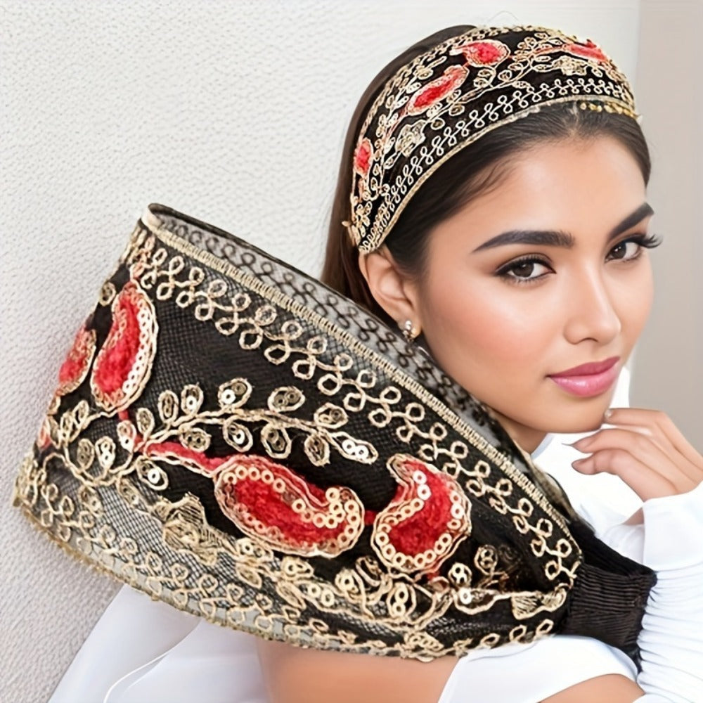 Wide Headbands for Women 2 Pack Lace Embroidered Sequin Flower Hair Hoops – Non-Slip Retro Chic Wide Hair Band for Daily Wear Spring Summer Styling Elegant Gift Set 2 Colors Black Red
