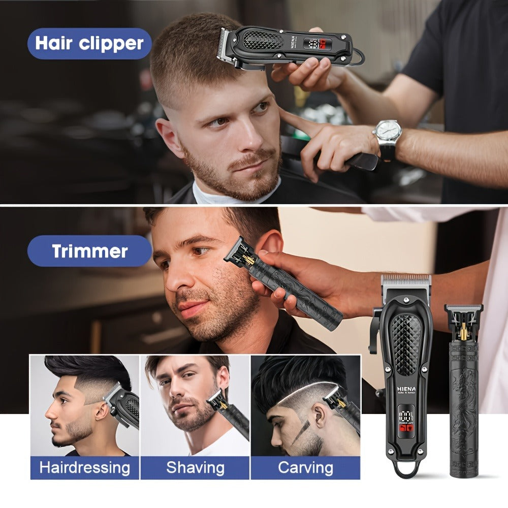 Men's Grooming Kit Hair Clipper Set USB Rechargeable LCD Display - Professional Clipper Razor T-Blade Trimmer 8 Guide Combs & Apron Complete Home Barber Kit Gold Black Gift for Men