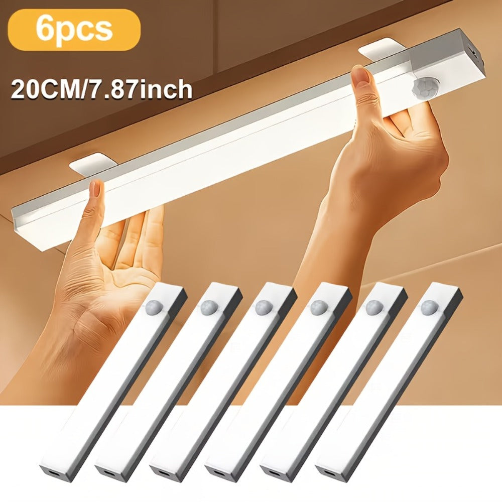 Rechargeable Motion Sensor LED Night Light 6 Pack - 400mAh USB, 3 Brightness Levels, Wireless Stick-On Bar for Cabinet, Stair, Bedroom, Kitchen & Hallway (3.94" / 7.87" / 11.8", 3 or 6 Pack)