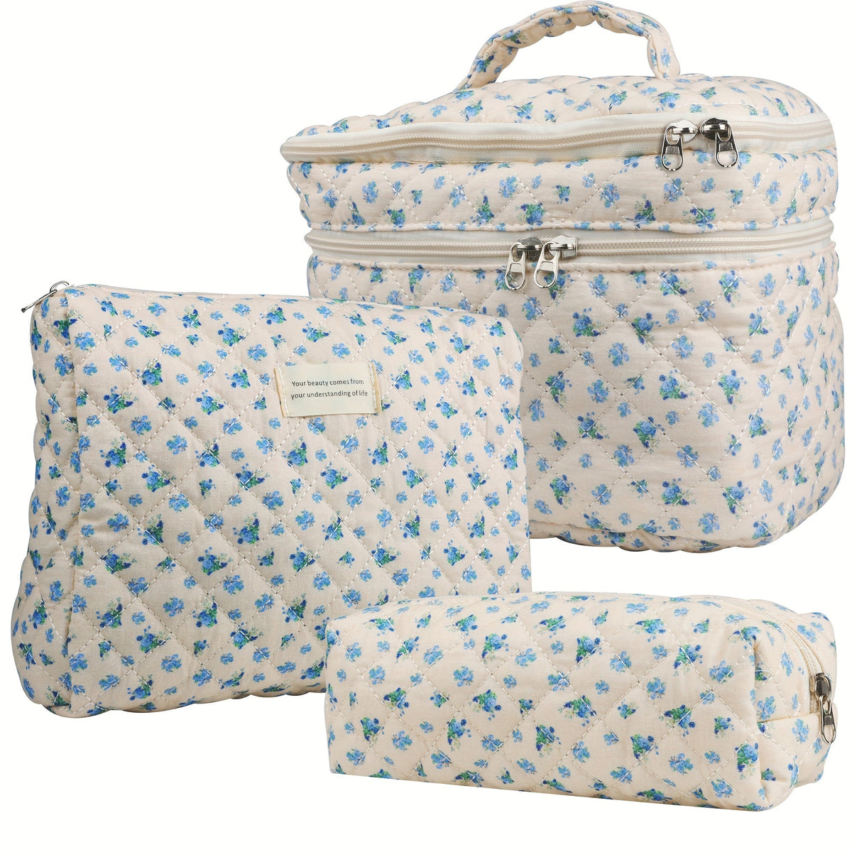 Makeup Bag Set 3 PCS Quilted Cotton Dual Layer Large Capacity Floral Coquette Aesthetic Travel Cosmetic Bag Women Toiletry Organizer Cute Soft Fabric Pouch Blue Pink Purple 6 Styles