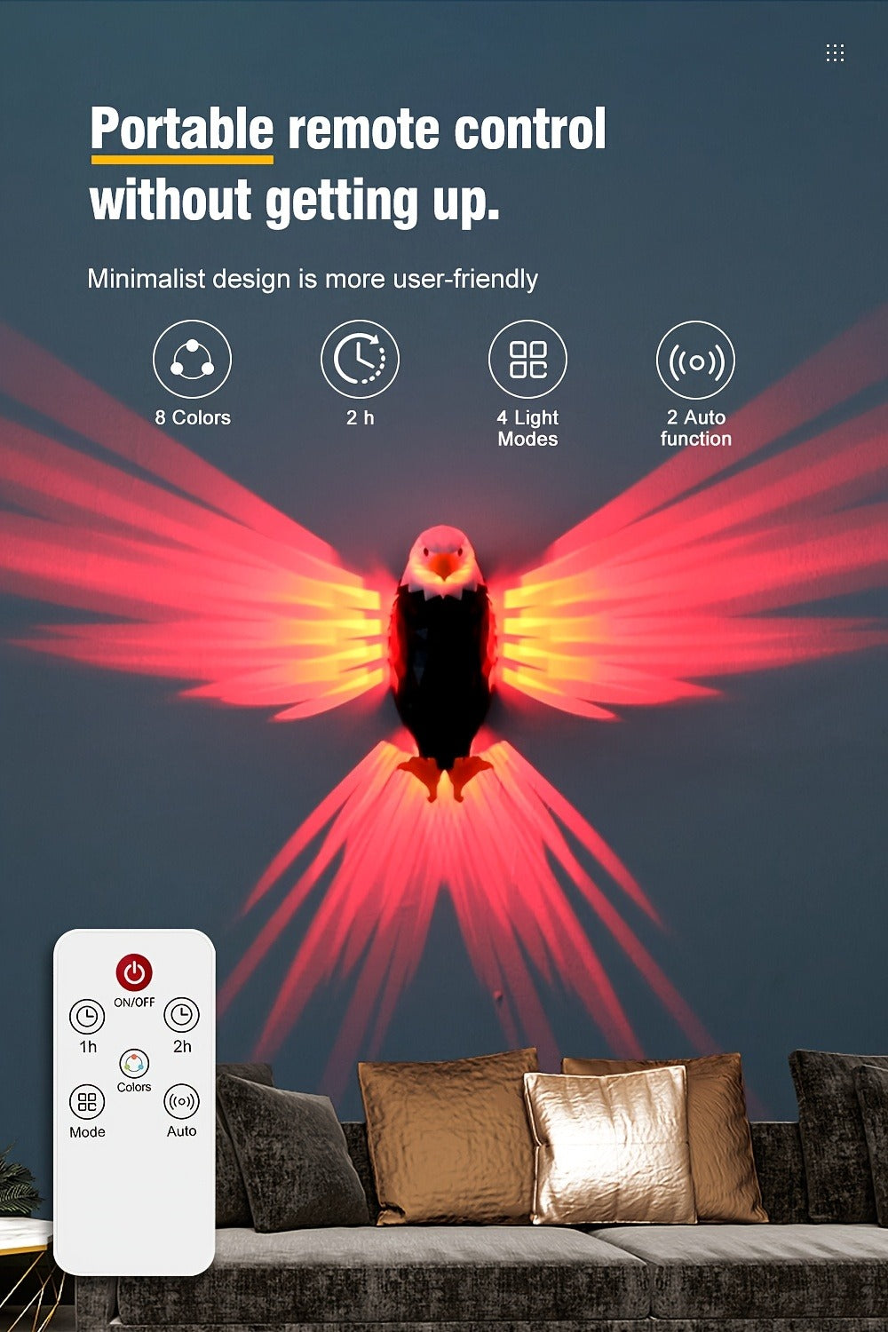 Eagle LED Wall Lamp – Colorful Ambient Night Light with Motion Sensor, Rechargeable Battery, Remote Control & Magnetic Wall Mount for Bedroom Living Room Corridor Hallway Decor (Black)