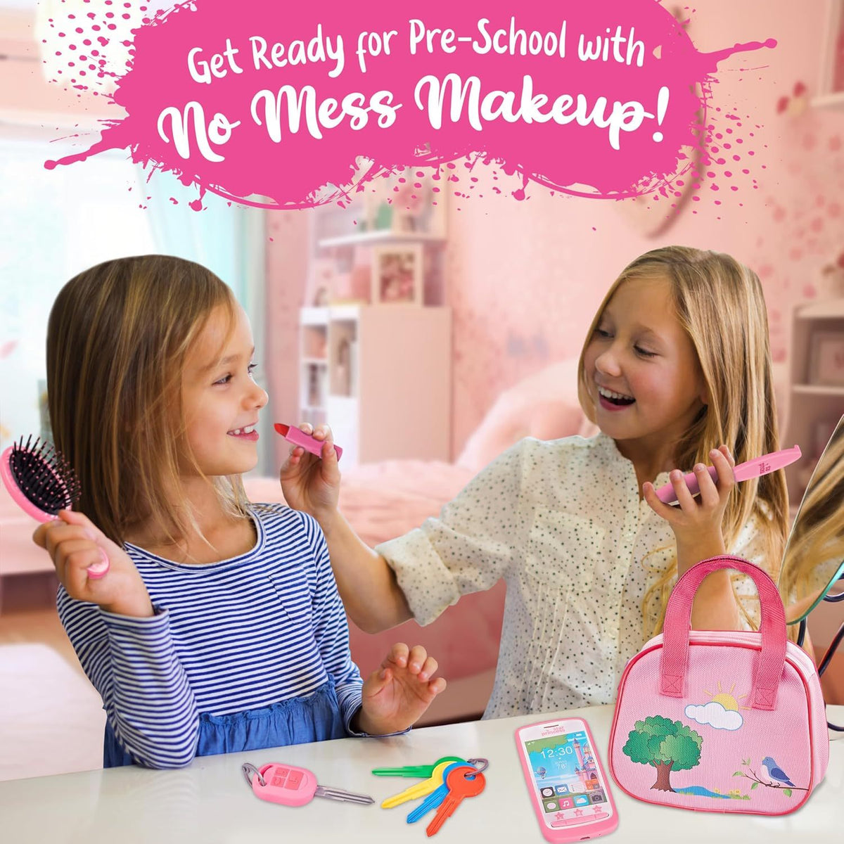 Kids Pretend Play Purse Set with Toy Phone, Keys and Makeup Accessories