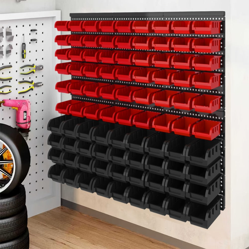 Wall Mounted Storage Bin Rack System – Heavy Duty Small Parts Organizer for Screws, Nuts, Bolts & Nails | Stackable Garage Workshop Tool Storage Rack | 30/60/90 Bins Hardware Organizer
