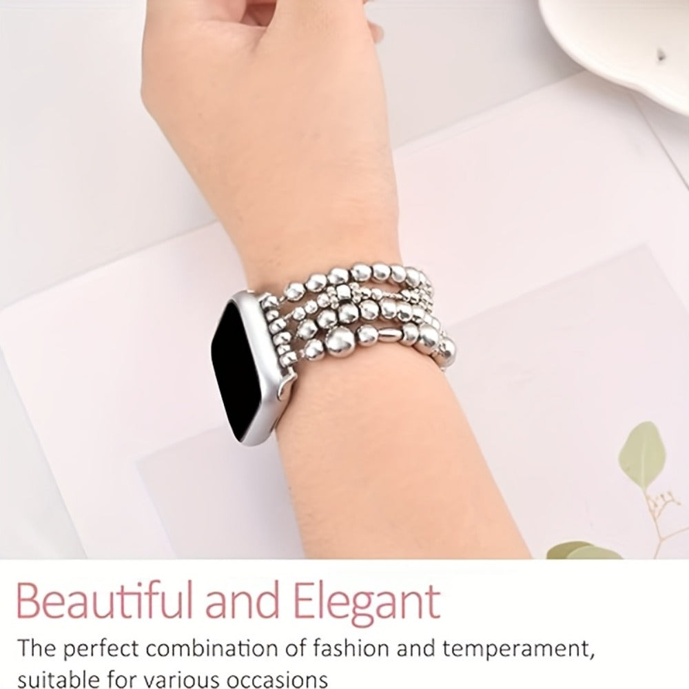 Elastic Beaded Watch Band for Apple Watch Series 1-11 SE Ultra 38mm 40mm 41mm 42mm 44mm 45mm 46mm 49mm Handcrafted No-Buckle Stretch Bracelet Replacement Strap Women Silver Rose Gold Golden