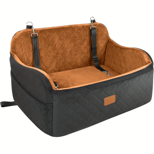 Dog Car Seat Booster with Memory Foam & Non-Slip Bottom – Adjustable Safety Leash & Seatbelt Channel, Soft Plush Pet Car Bed for Medium Large Dogs, Washable Travel Dog Seat Cover