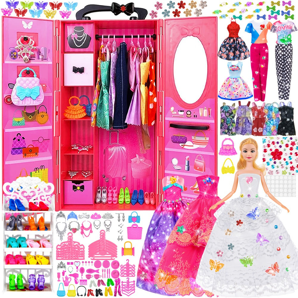 140-Piece Fashion Doll Wardrobe Set with 11.5-Inch Doll and Closet
