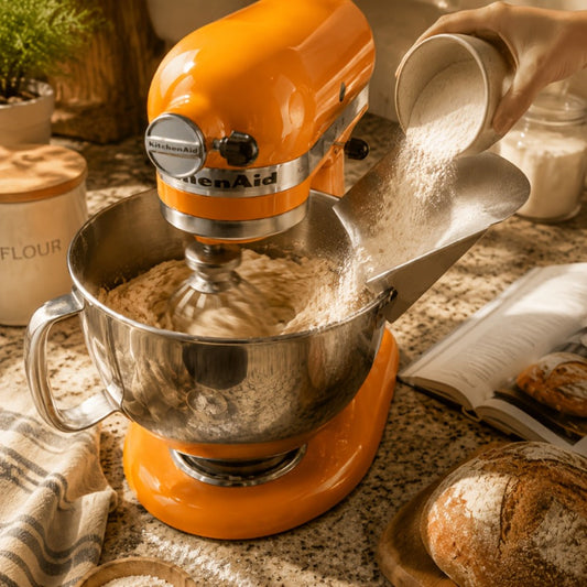 Pouring Chute for KitchenAid Mixers, Stainless Steel, with Optional FlexEdge Beater
