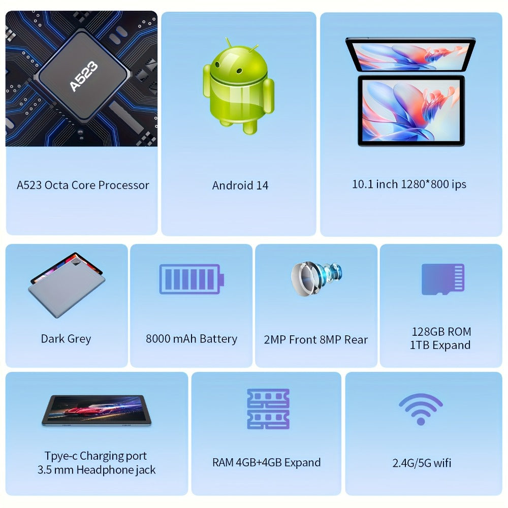 PRITOM Android 14 Tablet 10.1 Inch 8GB RAM 128GB ROM Octa-Core 8000mAh 2-in-1 Tablet with Keyboard Mouse Case Stylus Dual 8MP Camera 1TB Expandable 1280x800 IPS Display Tablet PC Black