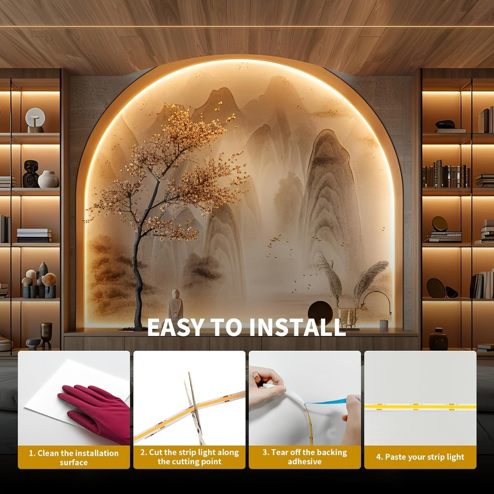 COB LED Strip Light 4800LEDs 32.8FT No Dark Spots - High Density Dimmable Knob Switch Ultra-Thin 8mm Flexible Tape Light for Under Cabinet TV Backlight Kitchen Vanity Mirror Bedroom Bathroom