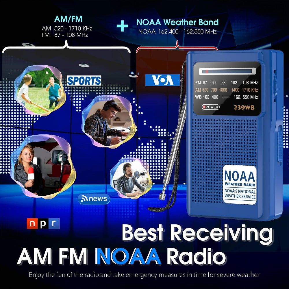 NOAA Weather Radio AM FM Battery Operated – 2 AA Transistor Radio Best Reception, Stereo Earphone Jack, USB Charging, Portable Emergency Radio for Hurricane, Winter Storm, Running, Walking & Home