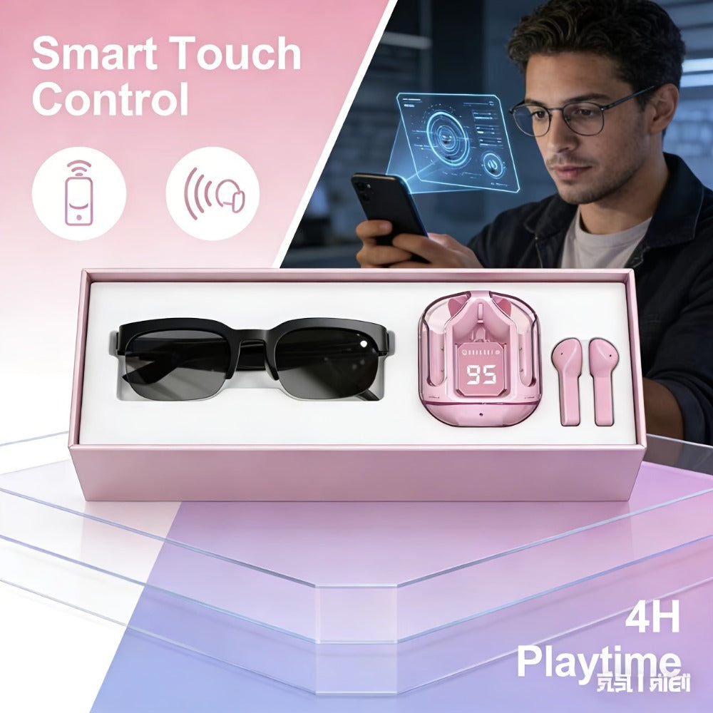 AI Translation Glasses & Wireless Headphones Bundle – Real-Time Multi-Language Translation, HiFi Audio, Built-in Mic, Rechargeable – Blue Gaming Headset or Pink Sports Earphones
