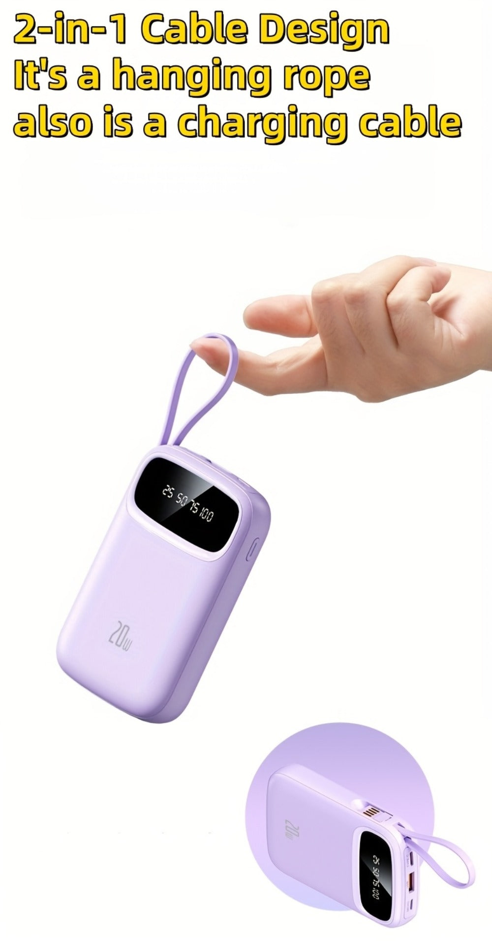 Portable Charger 10000mAh with Built-In 3 Cables Lightning USB-C Micro-USB 22.5W Super Fast Charging Cute Cartoon Mini Power Bank for iPhone Android Travel Backup Battery – Purple Black Red White