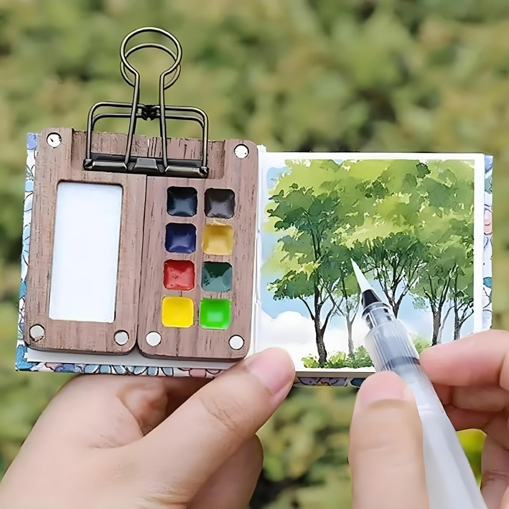 Portable Watercolor Paint Set 24 Colors with 15-Grid Palette 3 Brushes and 6 Accessories Pocket Painting Kit for Outdoor Sketching Travel Artists Kids Adults