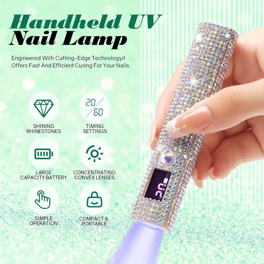 Handheld LED Nail Lamp USB Rechargeable with LCD Display Quick-Dry Gel Polish Curer - Portable Nail Dryer for Fingers & Toes Home Salon Manicure Pedicure, Silvery Diamond Design for Nail Techs & DIYers