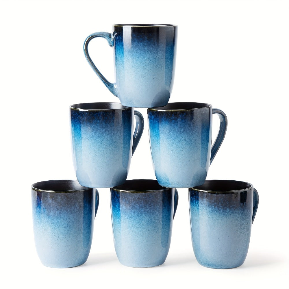 Gradient Blue Ceramic Mugs Set of 6 – 14 Oz Reaction Glaze Coffee Mugs – Durable Stain-Resistant Unique Design – Perfect for Coffee, Tea & Gifting at Weddings, Parties & Holidays