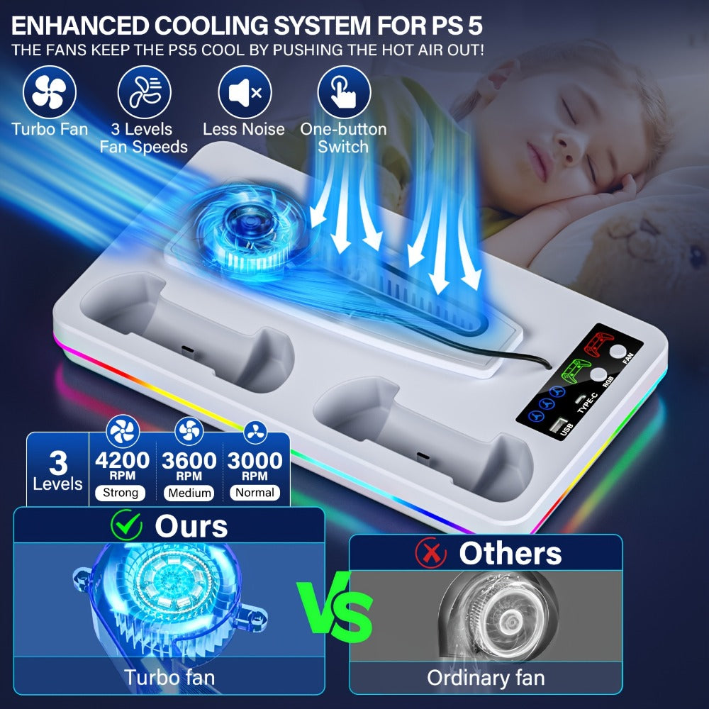 PS5 Cooling Stand with Dual Controller Charging Dock – Compatible with PS5/Slim/Pro Standard & Digital Edition, 3-Speed Fan, 10 RGB Lights & USB Hub, PlayStation 5 Gaming Accessories