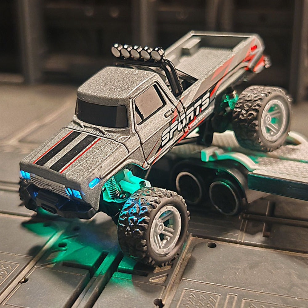 1:64 Mini RC Truck with Trailer and LED Lights, Green, Gray or Blue
