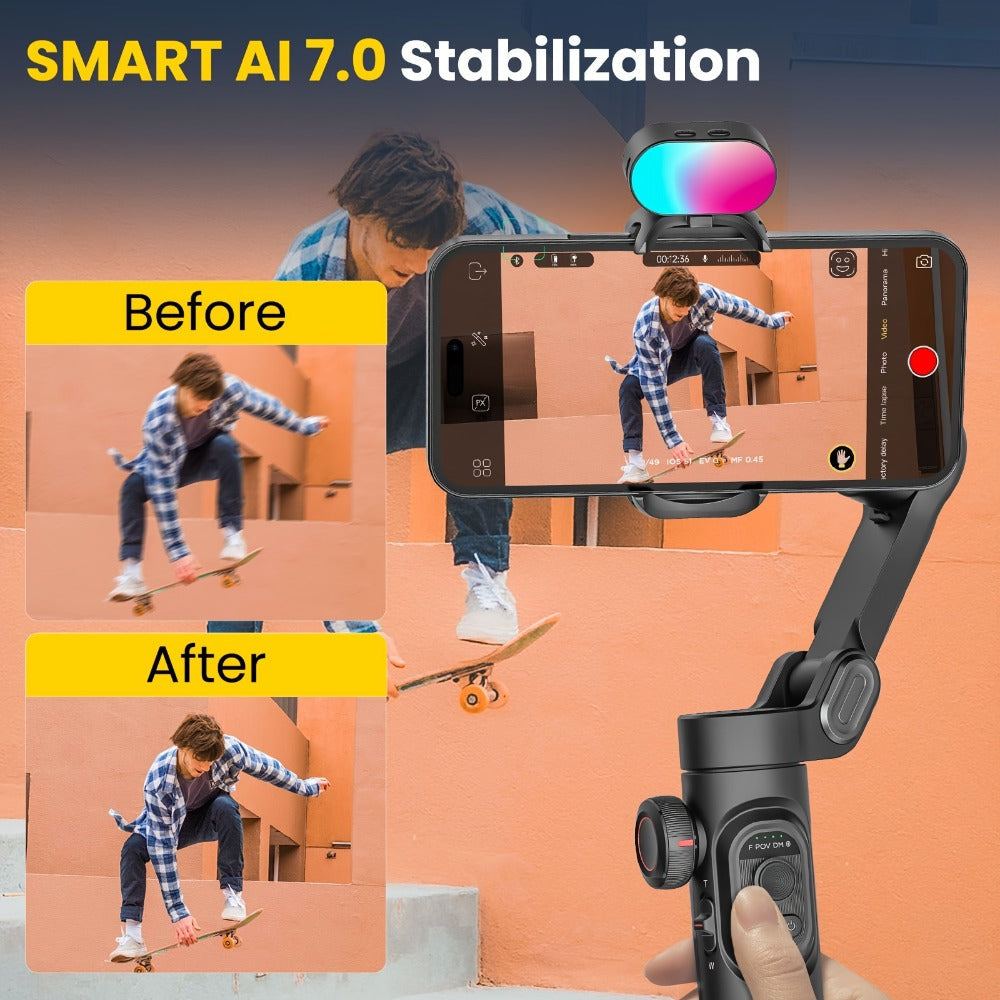 3-Axis Gimbal Stabilizer for Smartphone iPhone Samsung Android Ultra Lightweight Foldable Portable Vlogging Video Creator Gimbal AOCHUAN Smart XE Combo