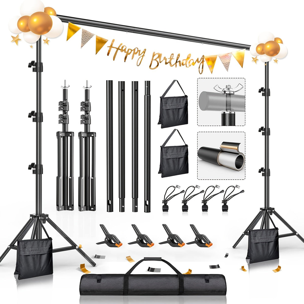 10x10Ft Heavy-Duty Backdrop Stand Kit with 2 Adjustable Support Stands 4 Crossbars 4 Clamps for Photography Video Studio Party Decoration Wedding Event Background Support System