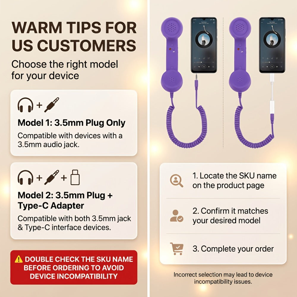 Retro Phone Handset for Smartphone Tablet & Computer – Hands-Free Calling, Volume Control, Clear Sound, 3.5mm & Type-C Compatible, iPhone Android, Multiple Colors, Great Senior Gift