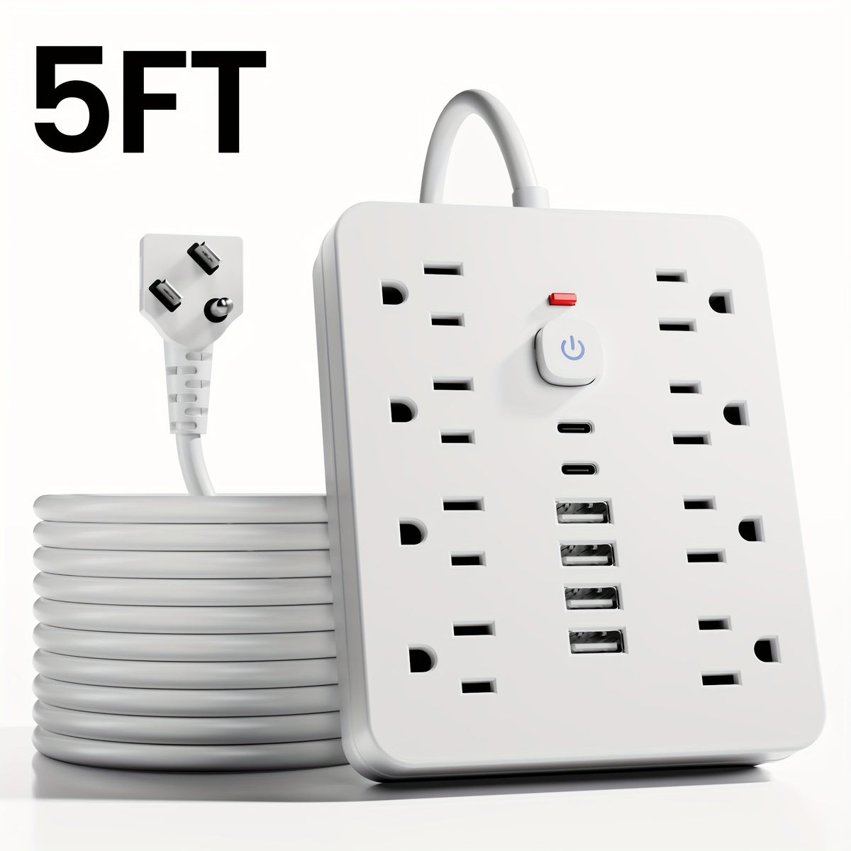 14-in-1 Wall-Mountable Power Strip with Surge Protector – 8 AC Outlets & 6 USB Ports (2 USB-C), Flat Plug Space-Saving Extension Cord, Overload Protection for Home School Office, 5ft or 10ft
