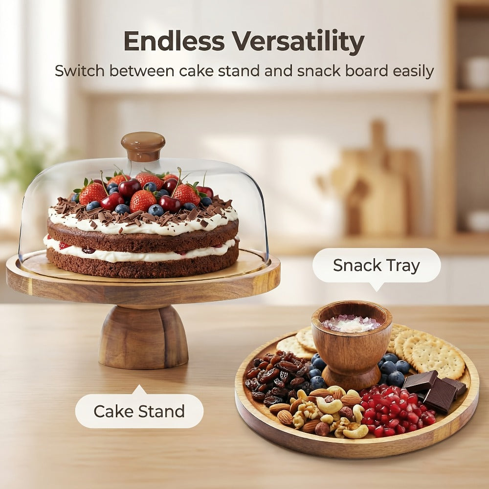 Cake Stand with Acrylic Dome Lid – Acacia Wood Serving Platter 2-in-1 Round Shatterproof Dessert Display Tray for Cheese Charcuterie Fruit Veggie Chips Party Table Centerpiece Holiday Gift
