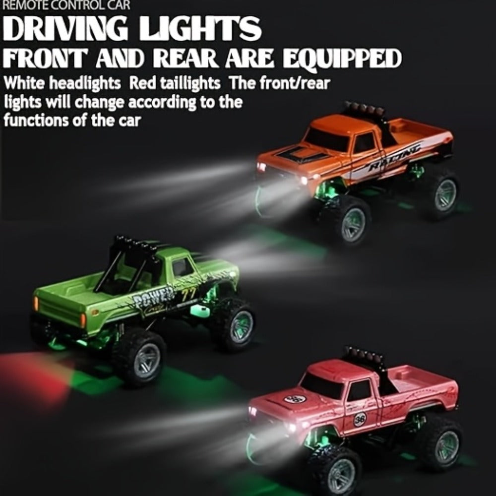 Mini RC Monster Truck, 1:64 Scale Alloy Body with LED Lights, Blue